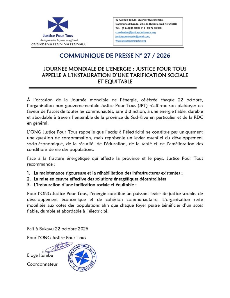 Communiqué de l'ONG Justice Pour Tous à l'occasion de la journée mondiale de l'énergie. 